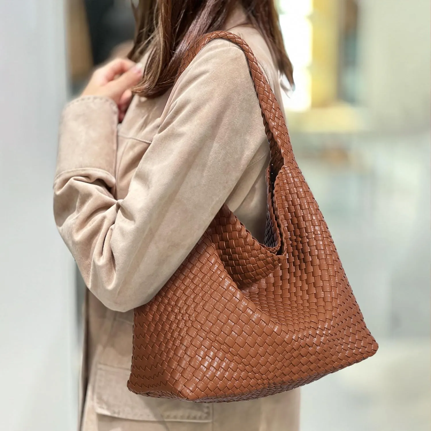Woven Bag for Women, Vegan Leather Tote Bags Large Hobo Purses for Women Handmade Shoulder Bag with Adjustable Strap