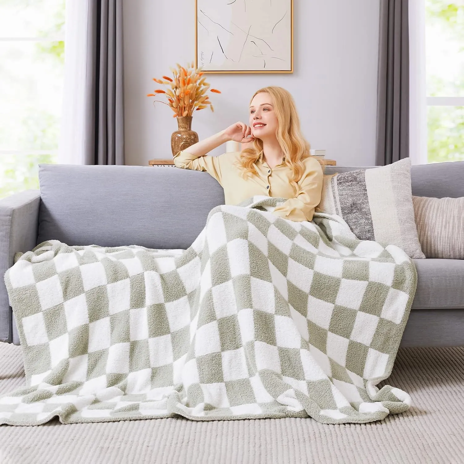 WRENSONGE Checkered Throw Blanket, Sage Green Soft Cozy Fluffy Warm Hand Made Throw Blankets for Couch, Sofa, Chair, Bed, Camping, Picnic, Travel Lightweight Bed Blanket - 60"*80"