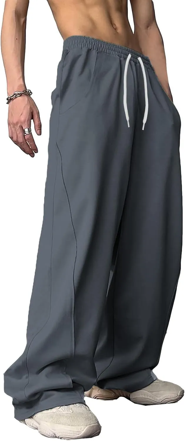 WZIKAI Men's Baggy Sweatpants Elastic Waist Drawstring Wide Leg Sweatpants Casual Loose Baggy Joggers with Pockets