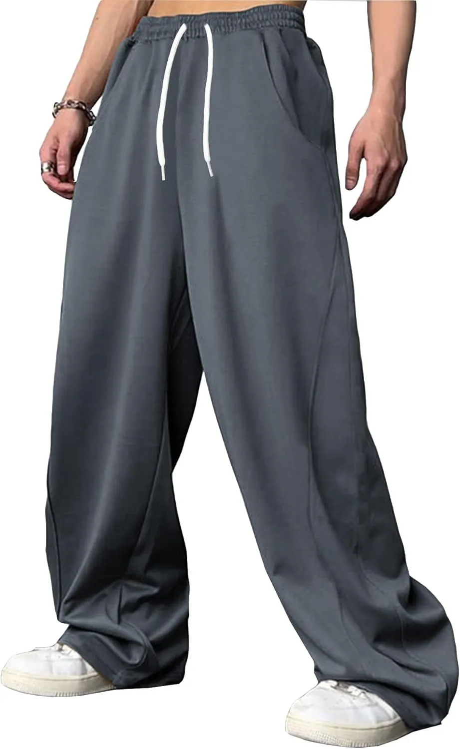 WZIKAI Men's Baggy Sweatpants Elastic Waist Drawstring Wide Leg Sweatpants Casual Loose Baggy Joggers with Pockets