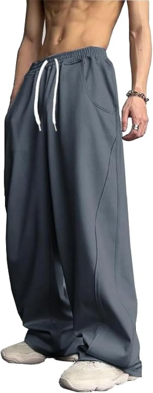WZIKAI Men's Baggy Sweatpants Elastic Waist Drawstring Wide Leg Sweatpants Casual Loose Baggy Joggers with Pockets