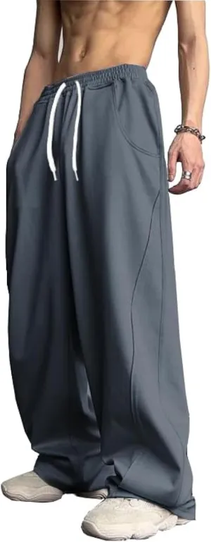 WZIKAI Men's Baggy Sweatpants Elastic Waist Drawstring Wide Leg Sweatpants Casual Loose Baggy Joggers with Pockets