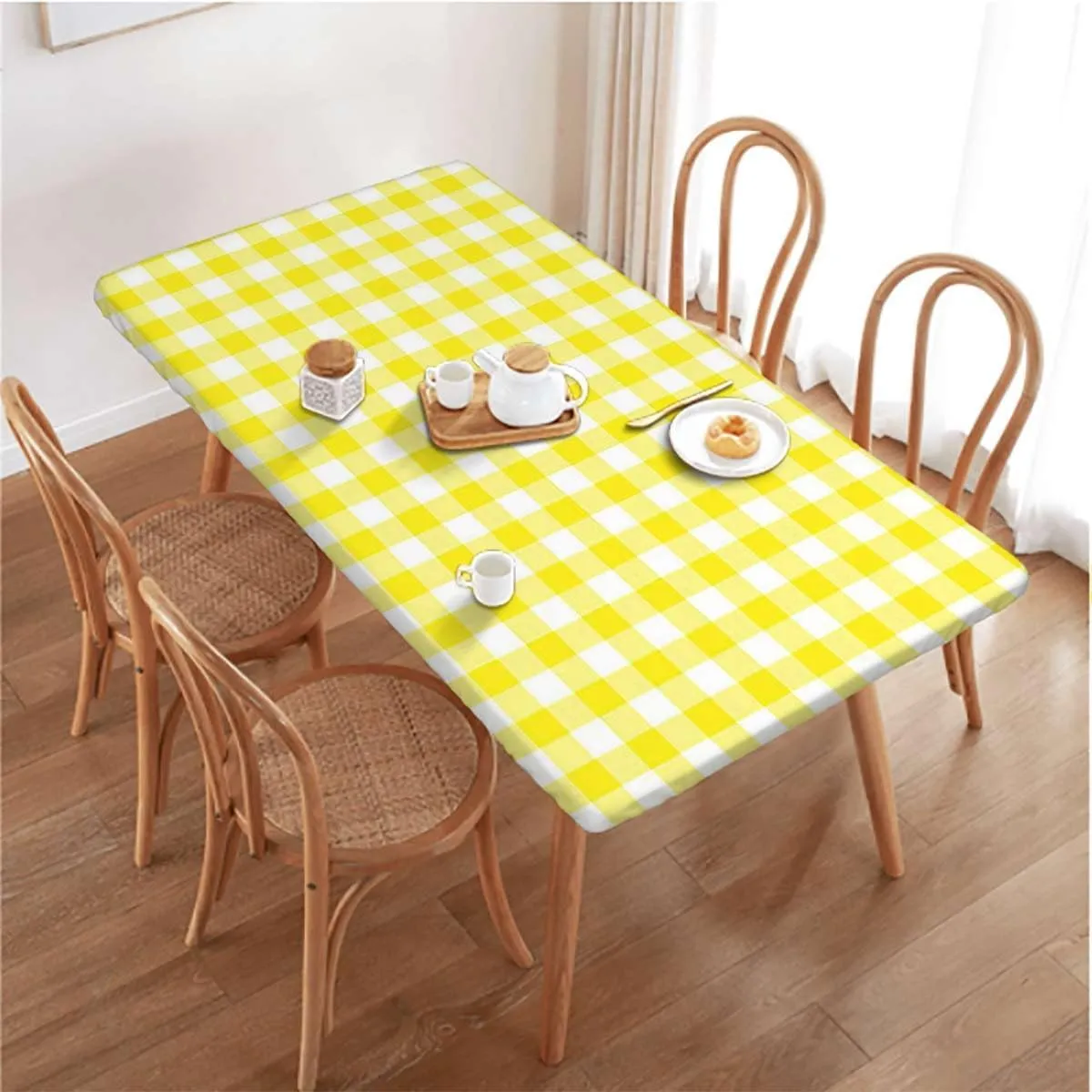 Yellow White Tablecloth Fitted Rectangle Picnic in Summertime Theme Retro Striped Rectangle Table Cloth Reusable Table Cover for Picnic Dining Decoration Checkered Fits up 4 Foot Tables