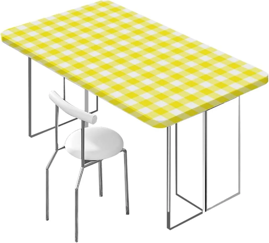 Yellow White Tablecloth Fitted Rectangle Picnic in Summertime Theme Retro Striped Rectangle Table Cloth Reusable Table Cover for Picnic Dining Decoration Checkered Fits up 4 Foot Tables