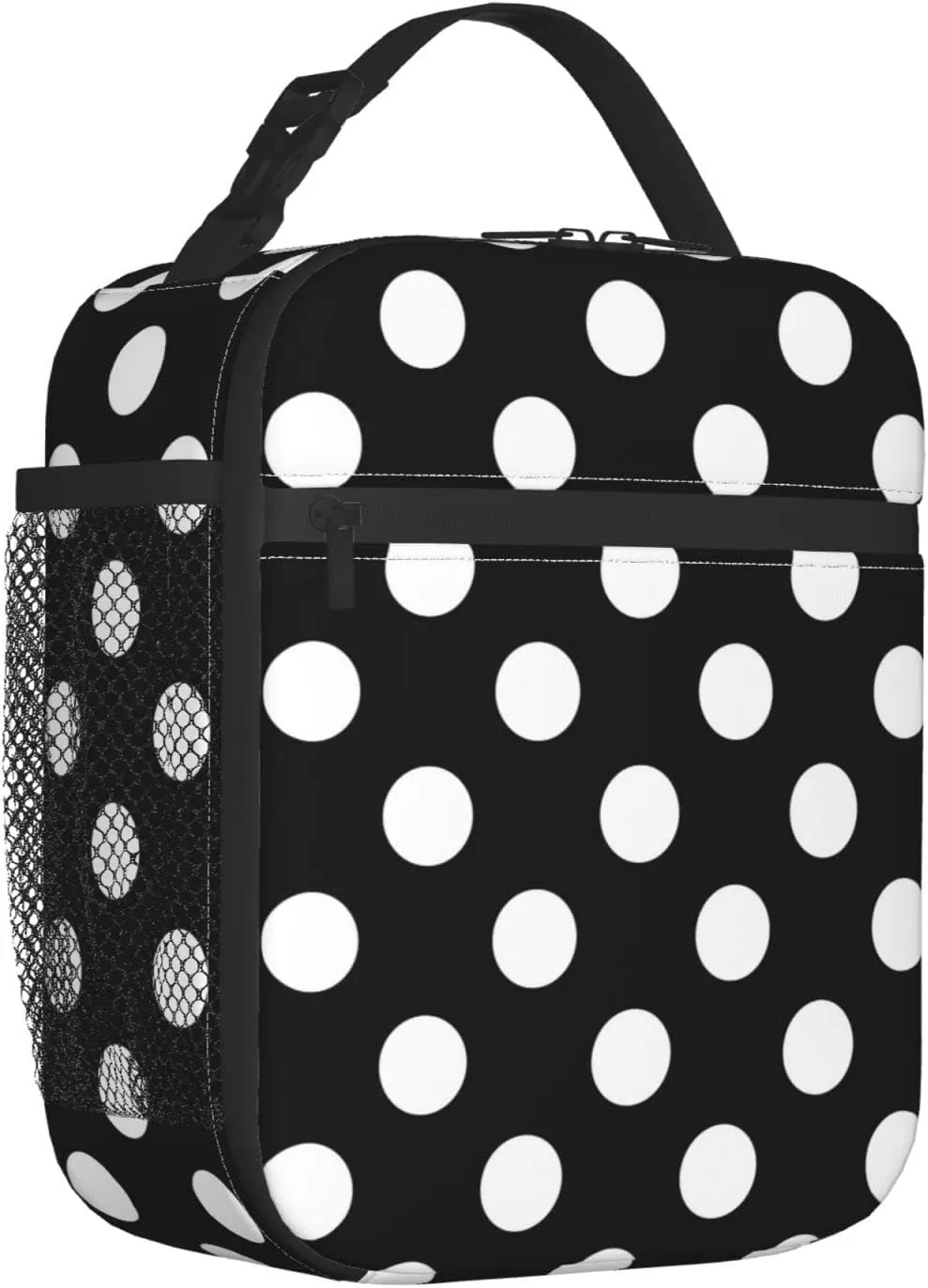 YETTA YANG Polka Dot Black And White Portable Lunch Bag Insulated Lunch Box Reusable Totes For Women Men Work Picnic Camping