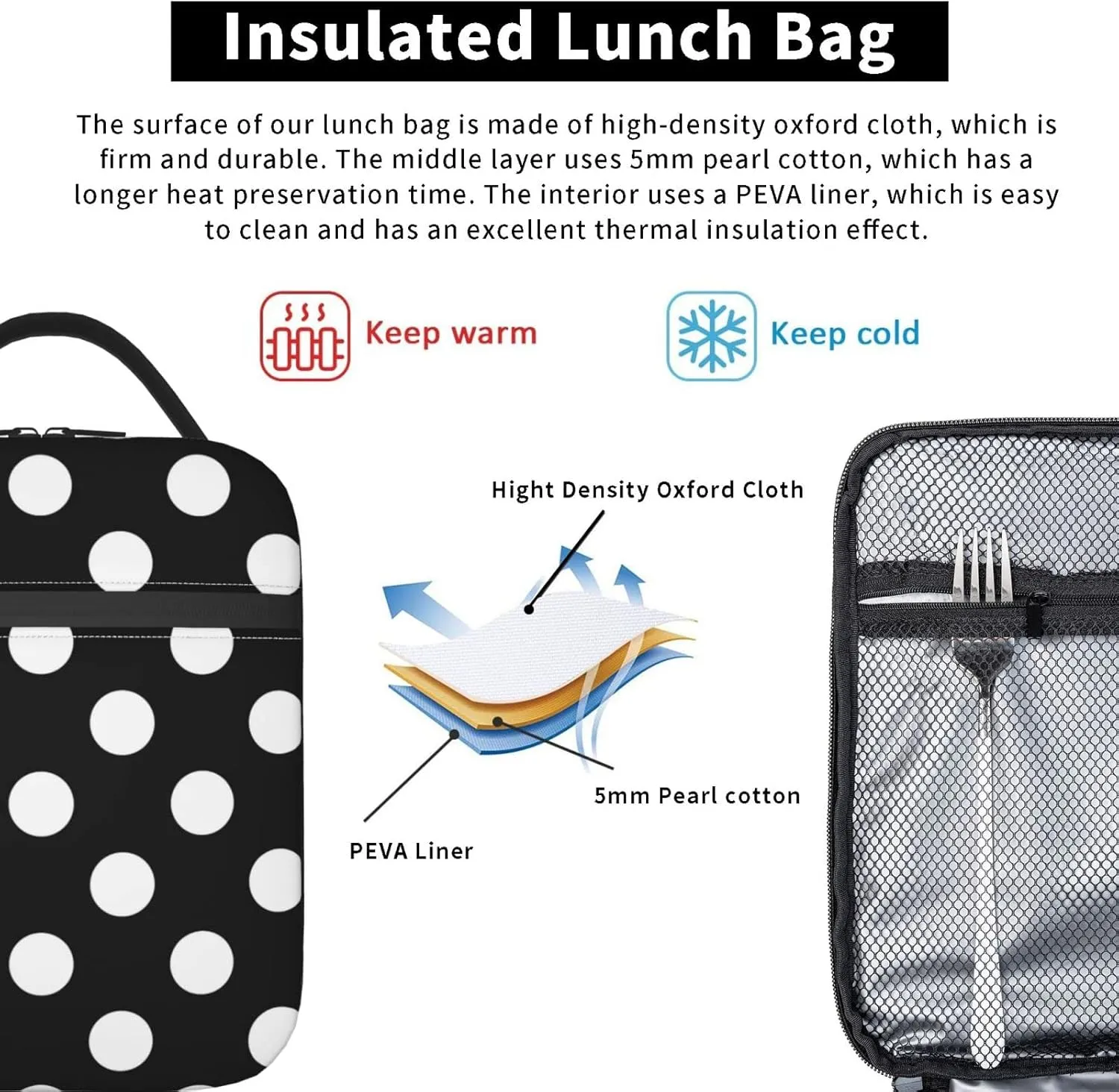 YETTA YANG Polka Dot Black And White Portable Lunch Bag Insulated Lunch Box Reusable Totes For Women Men Work Picnic Camping