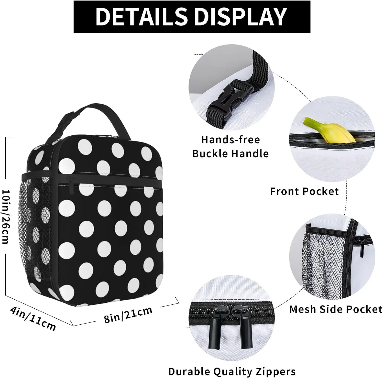 YETTA YANG Polka Dot Black And White Portable Lunch Bag Insulated Lunch Box Reusable Totes For Women Men Work Picnic Camping