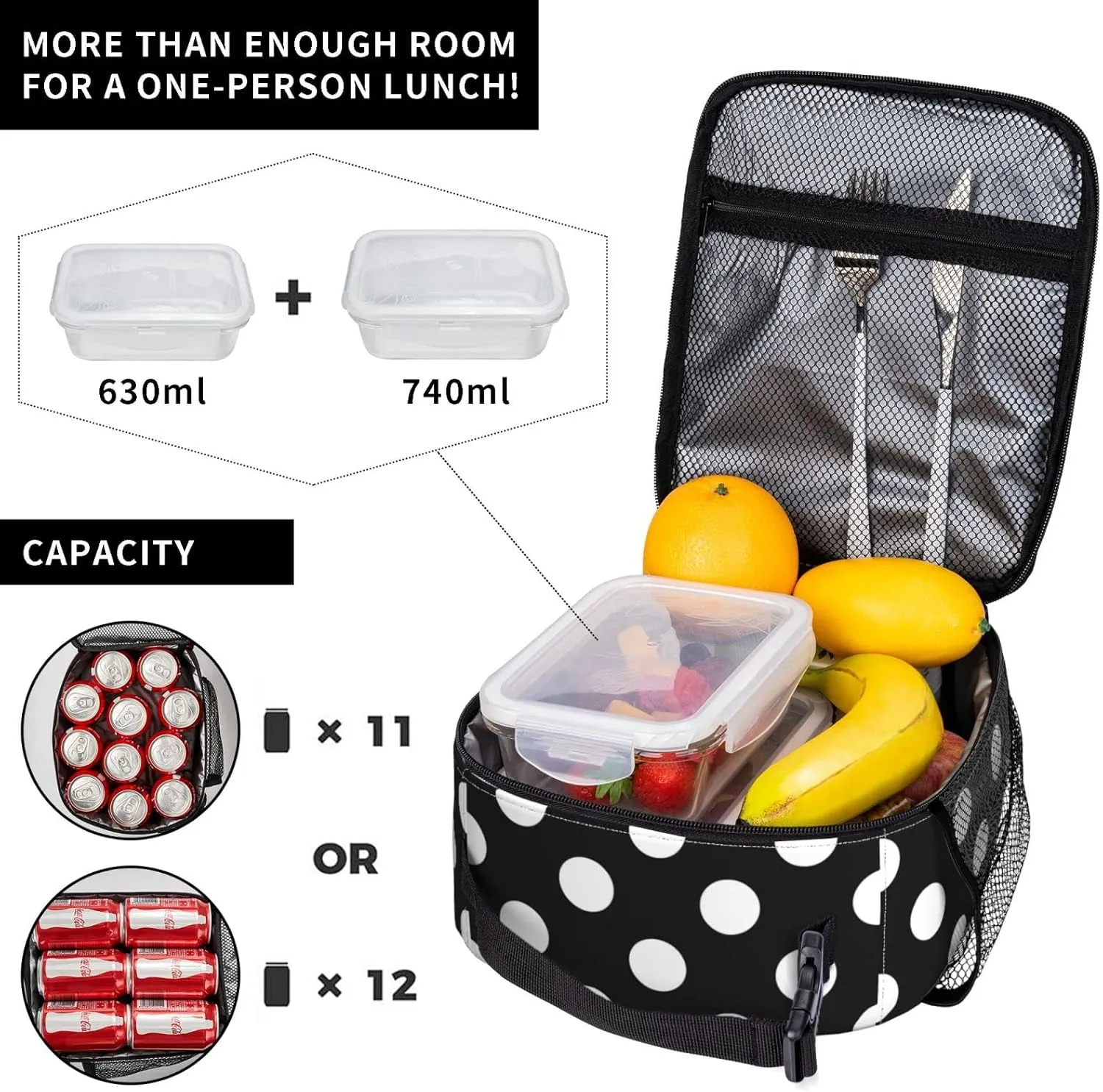YETTA YANG Polka Dot Black And White Portable Lunch Bag Insulated Lunch Box Reusable Totes For Women Men Work Picnic Camping