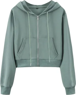 Yimoon Zip Up Hoodie Women Cropped Casual Sweatshirts Workout Long Sleeve Drawstring Hooded Jacket Crop Tops