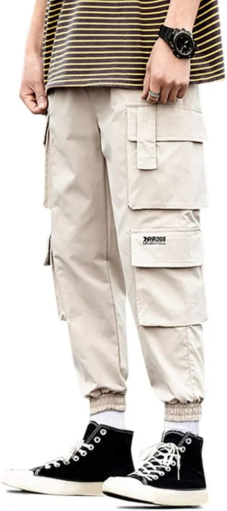 ZAFUL Men's Side Multi Flap Pockets Mid Waist Drawstring Cargo Jogger Pants Beam Feet Pants