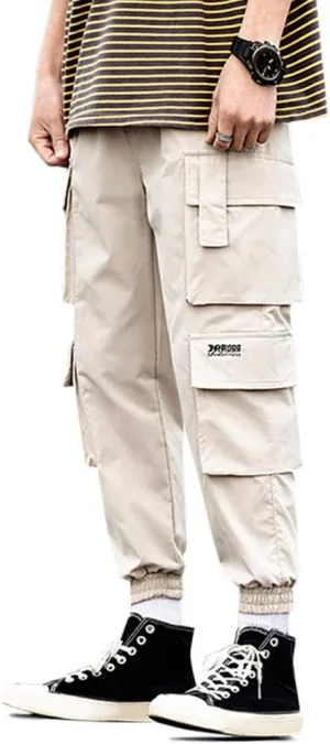ZAFUL Men's Side Multi Flap Pockets Mid Waist Drawstring Cargo Jogger Pants Beam Feet Pants