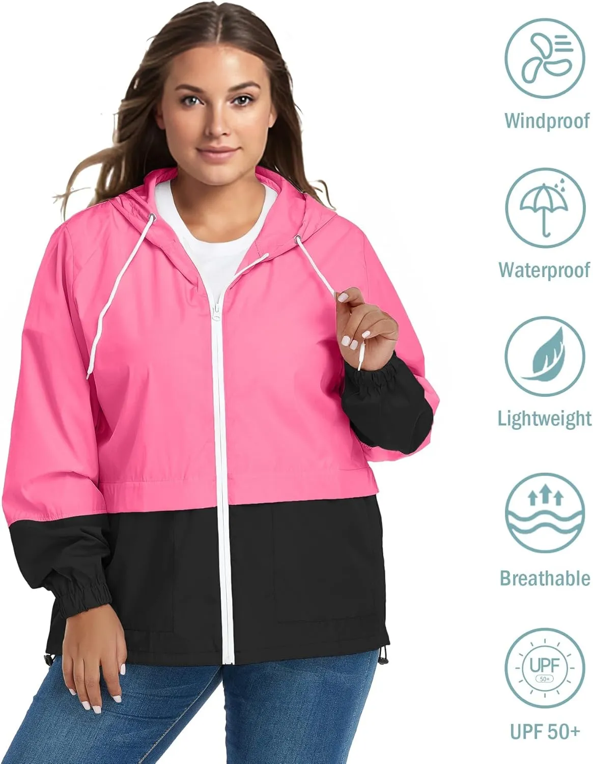 Zando Plus Size Rain Jacket Womens Waterproof with Hood Windbreaker Travel Rain Coat for Women Lightweight Packable Raincoat