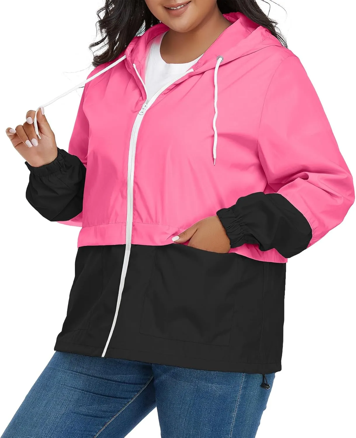 Zando Plus Size Rain Jacket Womens Waterproof with Hood Windbreaker Travel Rain Coat for Women Lightweight Packable Raincoat