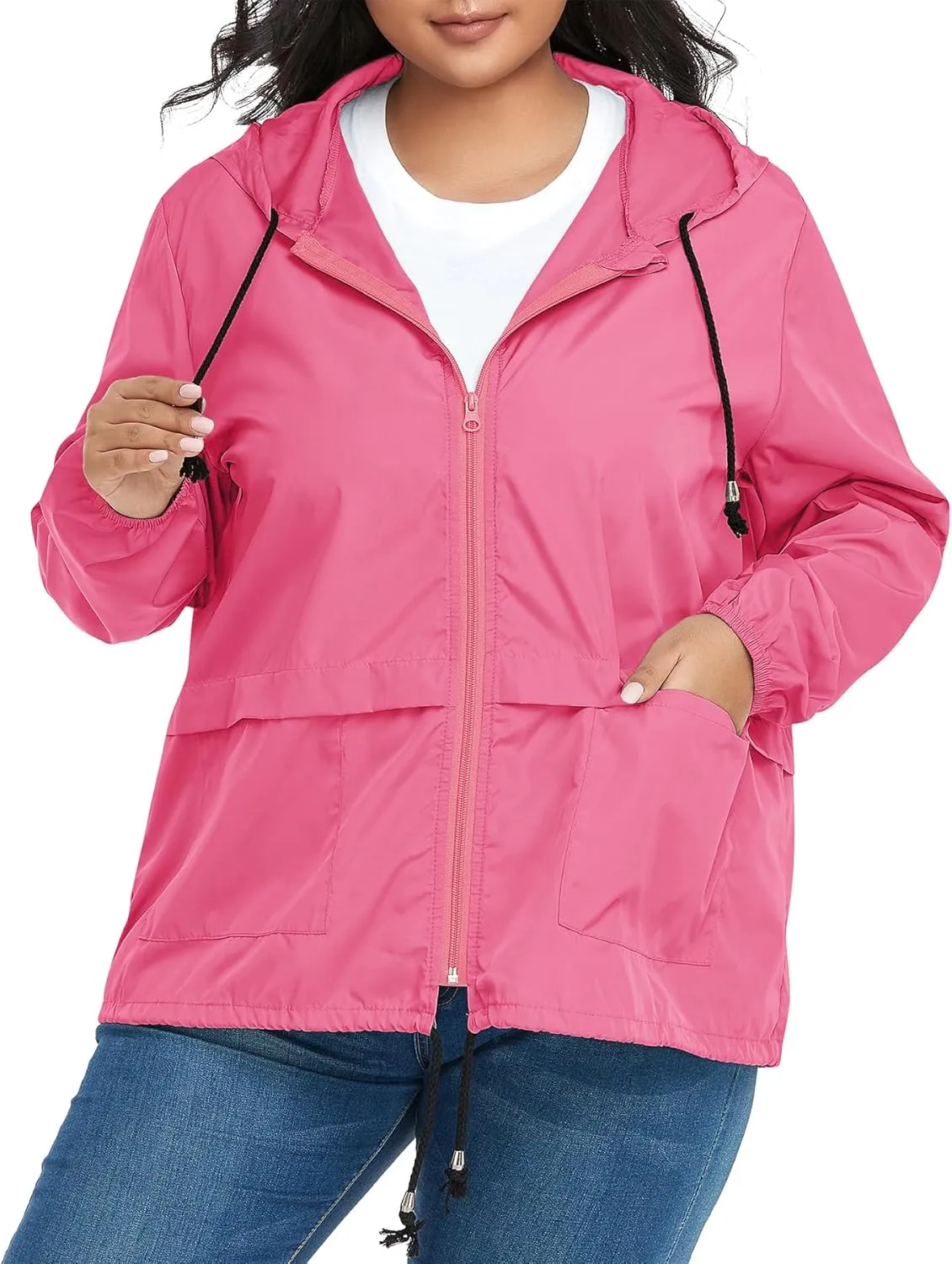 Zando Plus Size Rain Jacket Womens Waterproof with Hood Windbreaker Travel Rain Coat for Women Lightweight Packable Raincoat