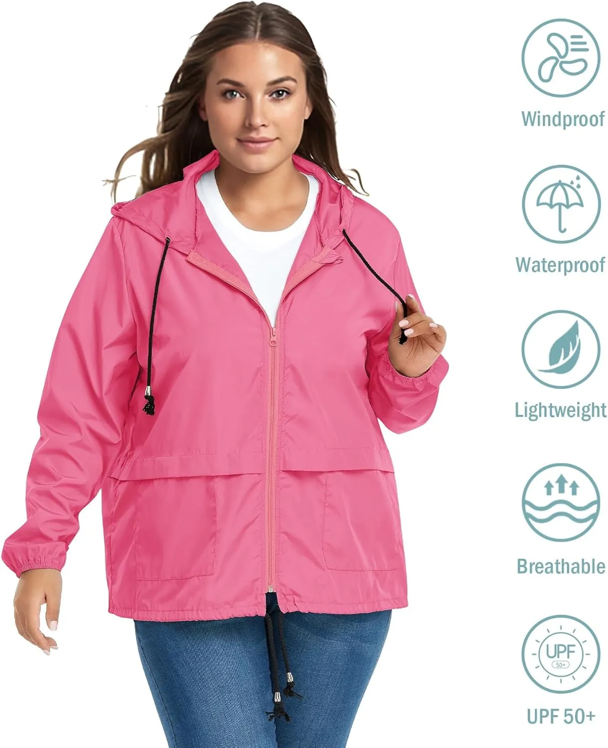 Zando Plus Size Rain Jacket Womens Waterproof with Hood Windbreaker Travel Rain Coat for Women Lightweight Packable Raincoat