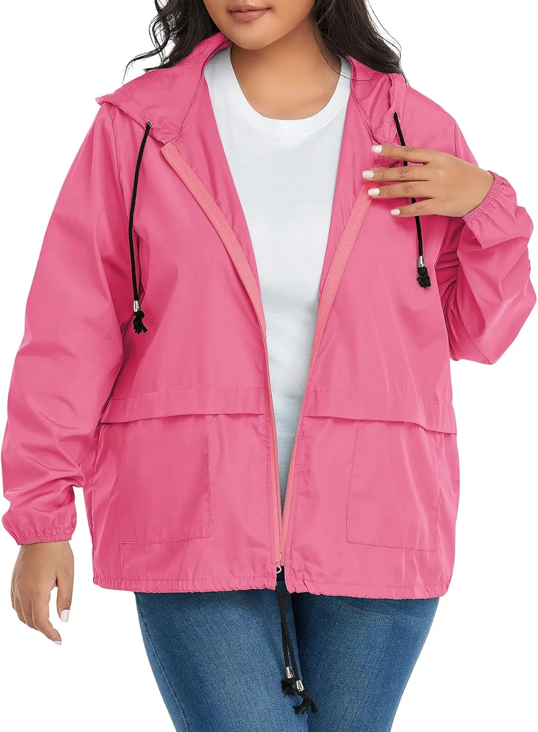 Zando Plus Size Rain Jacket Womens Waterproof with Hood Windbreaker Travel Rain Coat for Women Lightweight Packable Raincoat