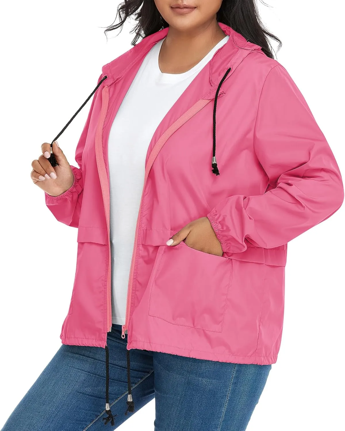 Zando Plus Size Rain Jacket Womens Waterproof with Hood Windbreaker Travel Rain Coat for Women Lightweight Packable Raincoat