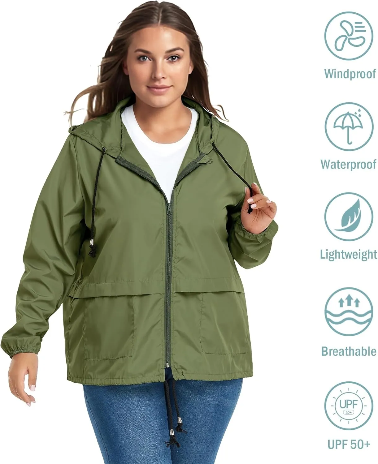 Zando Plus Size Rain Jacket Womens Waterproof with Hood Windbreaker Travel Rain Coat for Women Lightweight Packable Raincoat