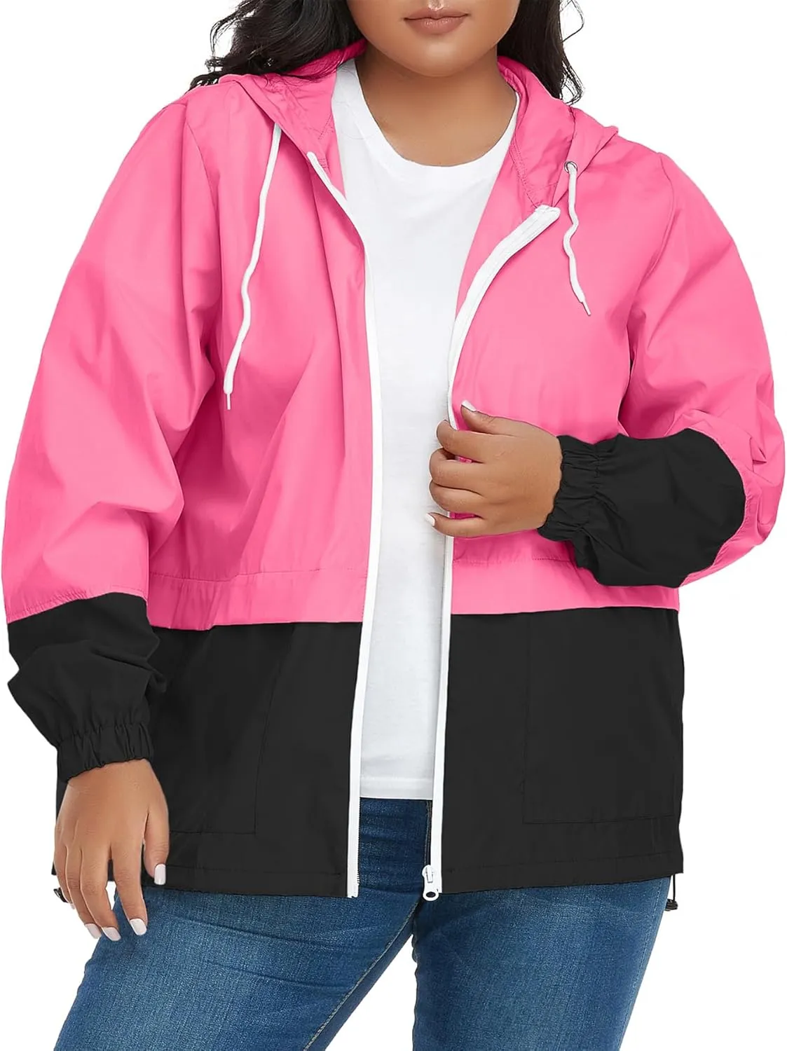Zando Plus Size Rain Jacket Womens Waterproof with Hood Windbreaker Travel Rain Coat for Women Lightweight Packable Raincoat