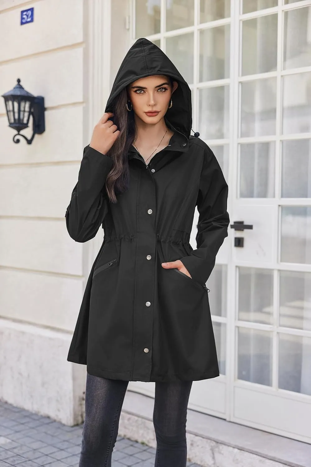 Zeagoo Raincoat Women Waterproof Long Hooded Rain Jacket Trench Coats Windbreaker Travel Jacket
