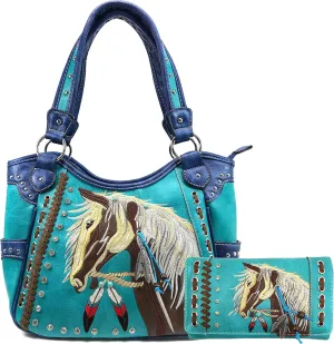 Zelris Dakota Dales Pony Horse Embroidery Mane Western Country Women Conceal Carry Tote Purse with Matching Wallet Set