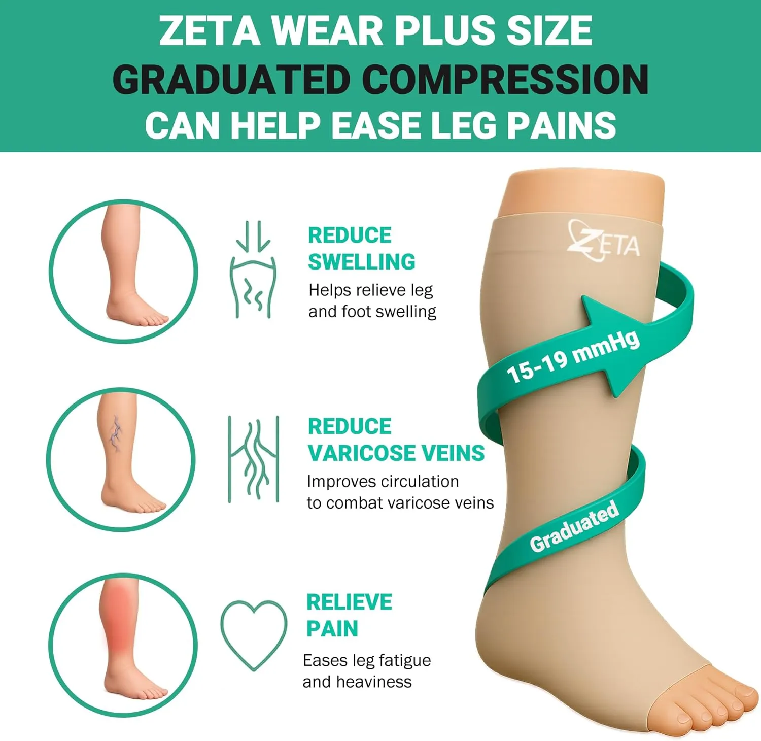 Zeta Wear Plus Size Compression Socks Open 15-19 mmHg Support for Men & Women Wide Calves, Swelling, Varicose Veins, Travel