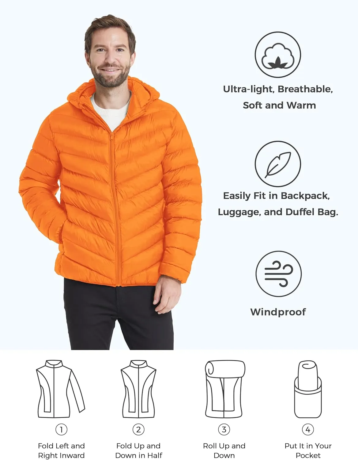 ZSHOW Men's Packable Puffer Jacket Hooded Lightweight Winter Coat for Travel Outdoor Hiking