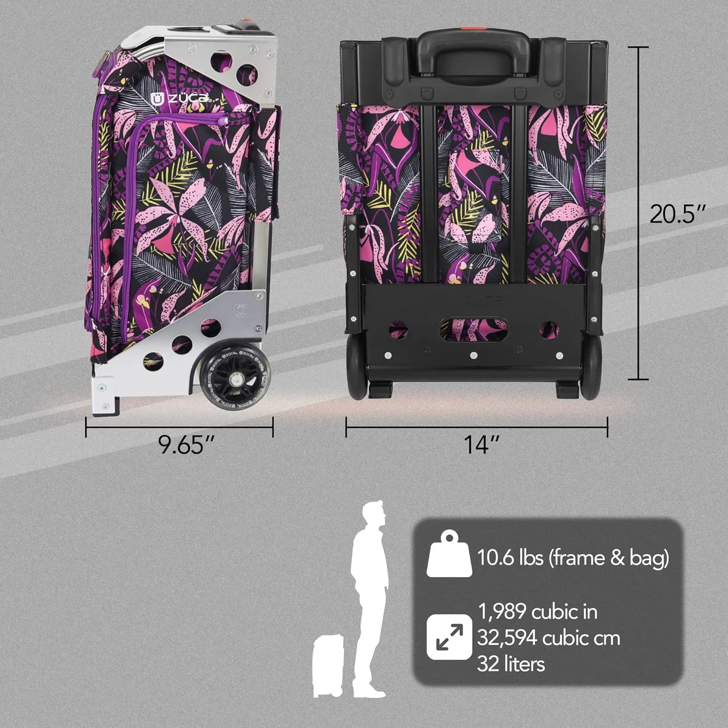 ZUCA Navigator Carry-On Bag with Built-In Seat (Wild Orchid Print, Silver Frame)