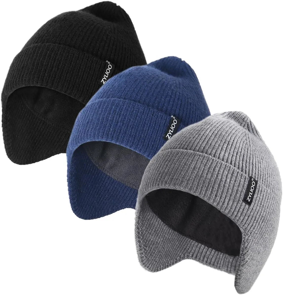 Zylioo Oversize 3XL/2XL/XL/L Beanie Hats with Ear Flap,S/M Fleece Lined Skull Cap,Plus Size Winter Warm Knitted Hats