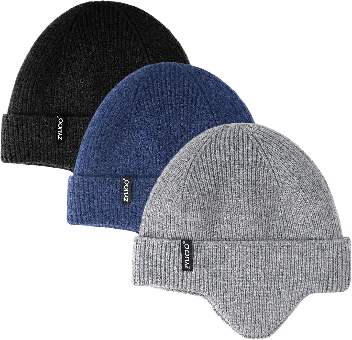 Zylioo Oversize 3XL/2XL/XL/L Beanie Hats with Ear Flap,S/M Fleece Lined Skull Cap,Plus Size Winter Warm Knitted Hats