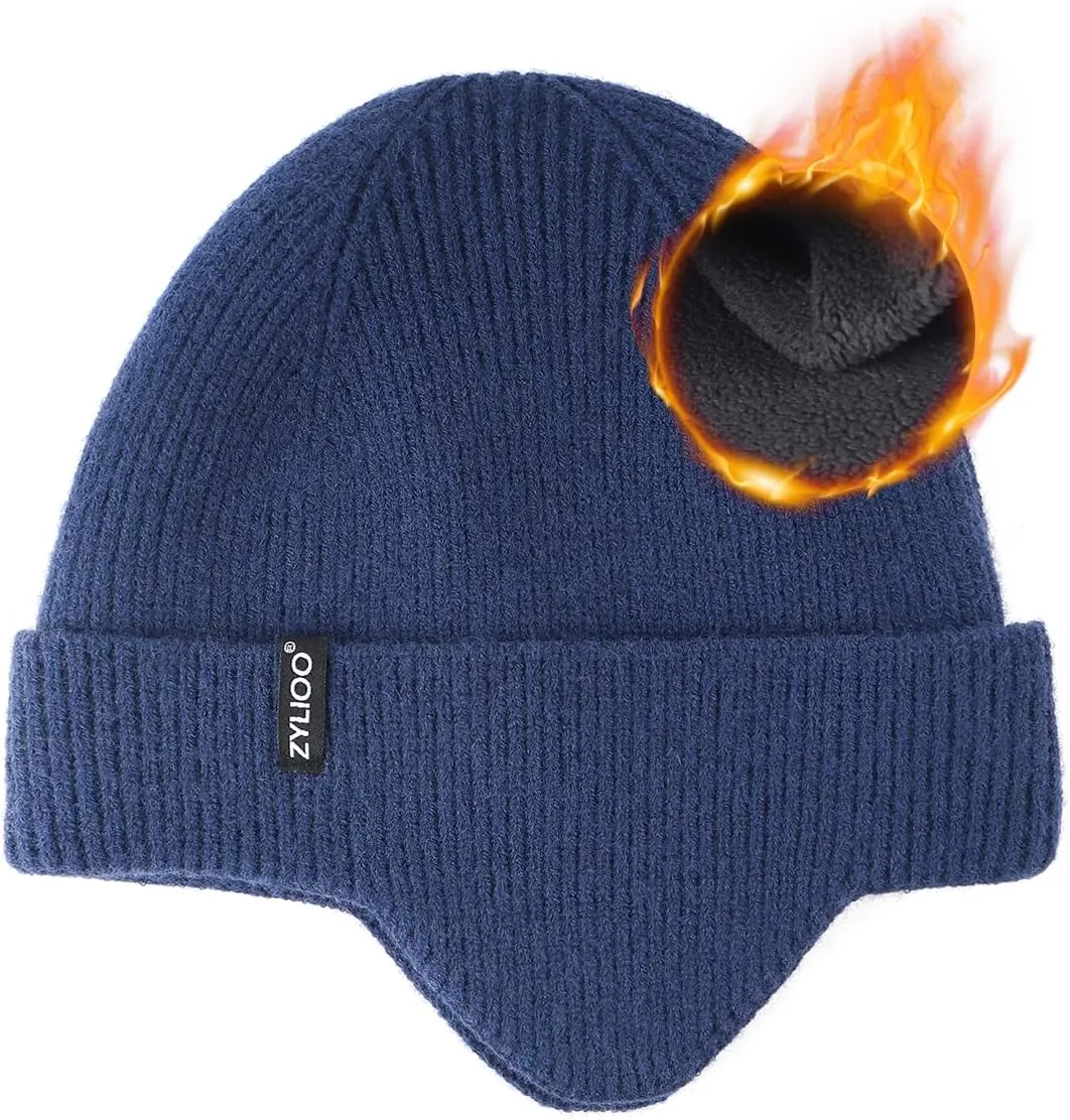 Zylioo Oversize 3XL/2XL/XL/L Beanie Hats with Ear Flap,S/M Fleece Lined Skull Cap,Plus Size Winter Warm Knitted Hats