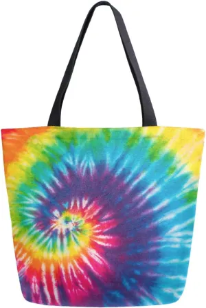 ZzWwR Rainbow Tie-dyed Whirl Pattern Extra Large Canvas Beach Travel Reusable Grocery Shopping Tote Bag Foldable Portable Storage HandBags